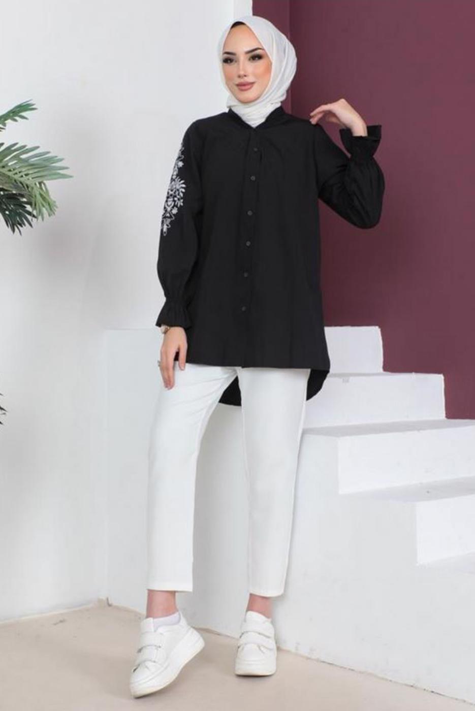 Tesettür giyim SİYAH KOLU NAKIŞLI GÖMLEK TUNİK T 75416