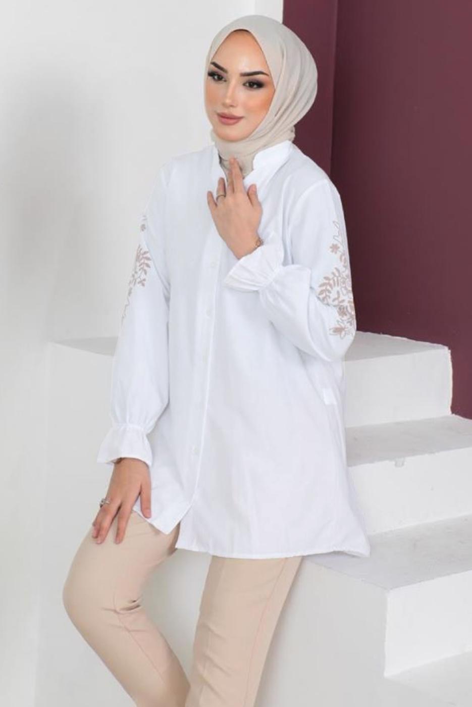 Tesettür giyim BEYAZ KOLU NAKIŞLI GÖMLEK TUNİK T 75416