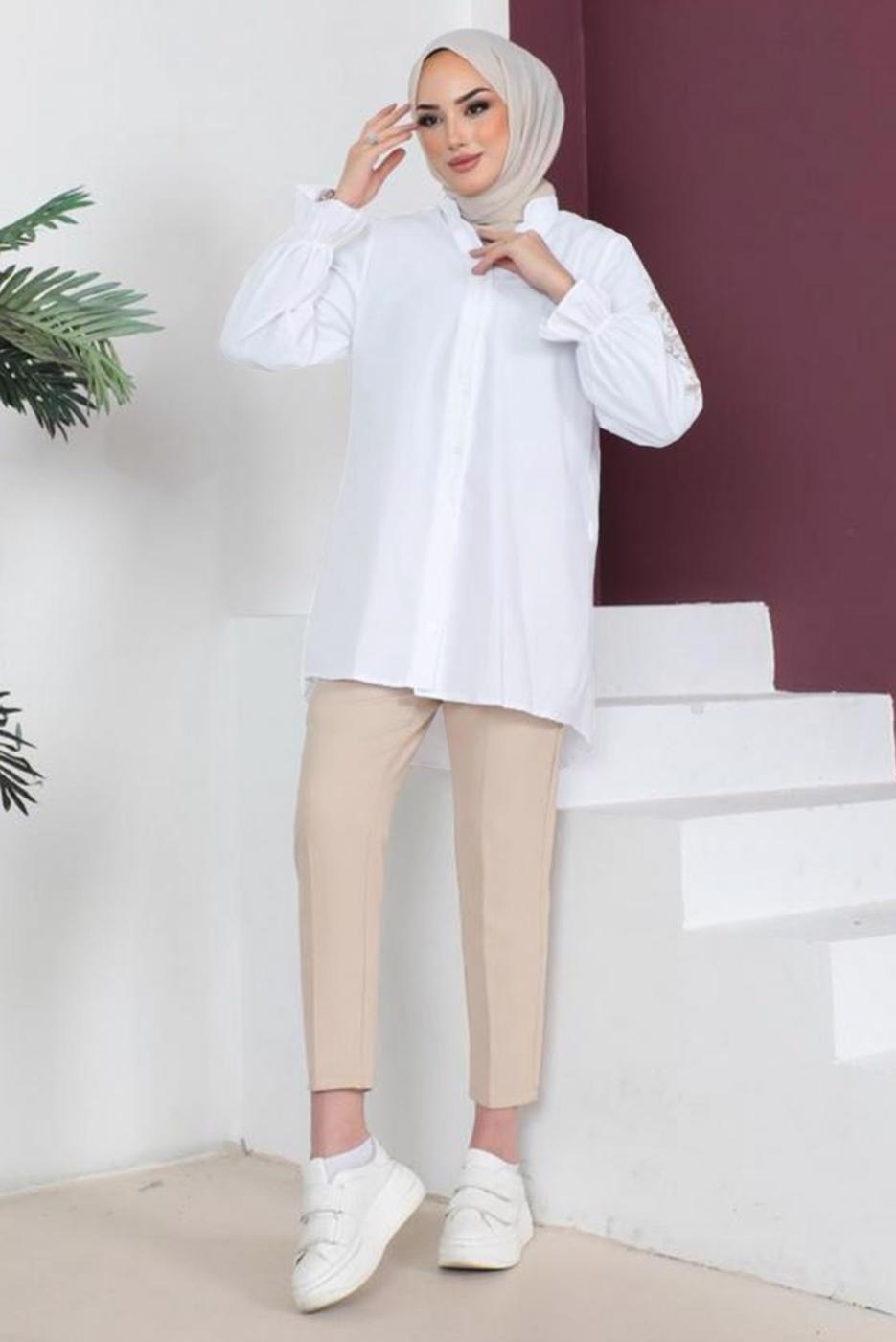 Tesettür giyim BEYAZ KOLU NAKIŞLI GÖMLEK TUNİK T 75416