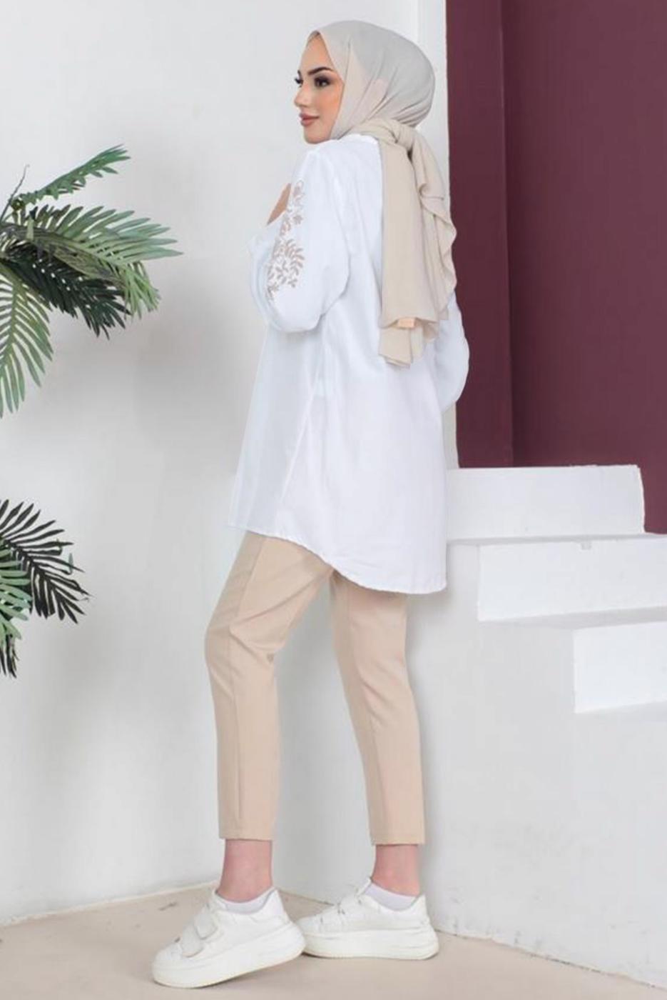 Tesettür giyim BEYAZ KOLU NAKIŞLI GÖMLEK TUNİK T 75416