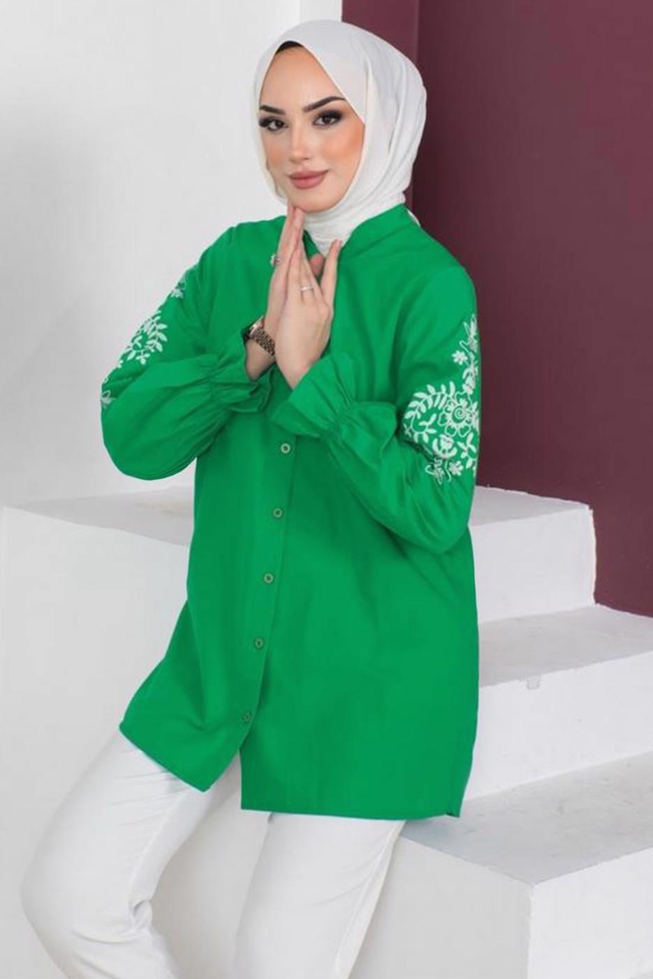 Tesettür giyim YEŞİL KOLU NAKIŞLI GÖMLEK TUNİK T 75416