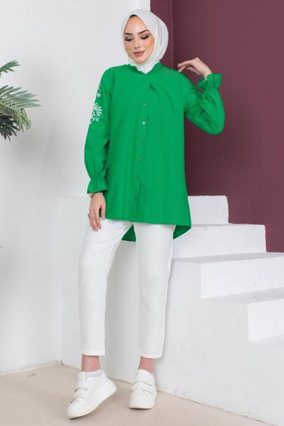 Tesettür giyim YEŞİL KOLU NAKIŞLI GÖMLEK TUNİK T 75416