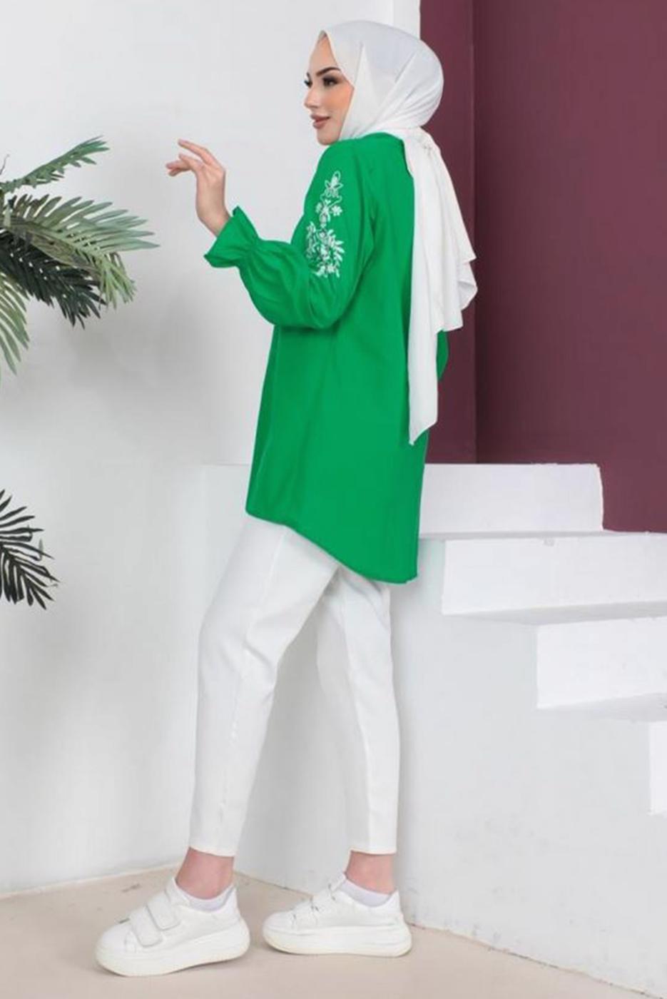 Tesettür giyim YEŞİL KOLU NAKIŞLI GÖMLEK TUNİK T 75416