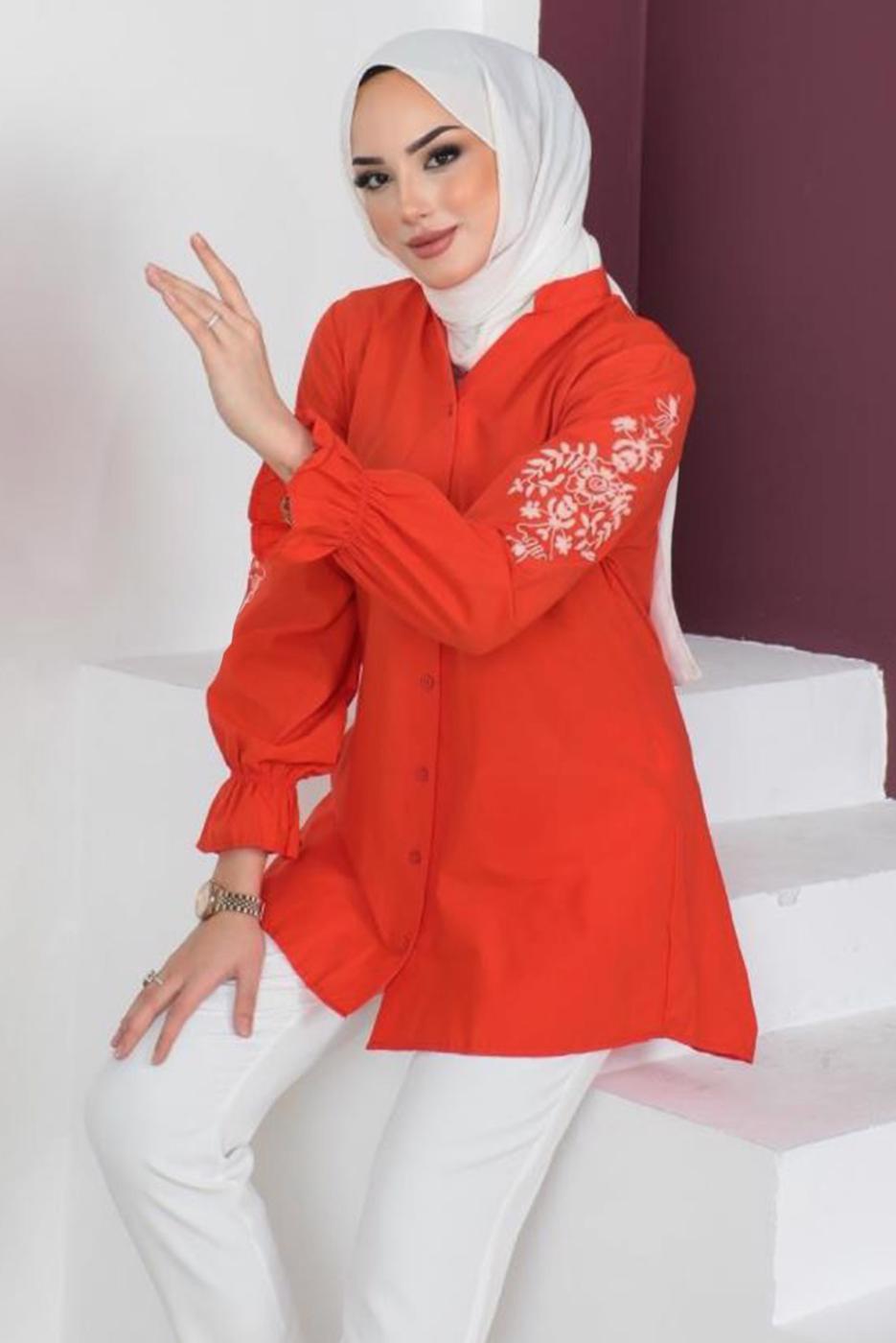 Tesettür giyim TURUNCU KOLU NAKIŞLI GÖMLEK TUNİK T 75416