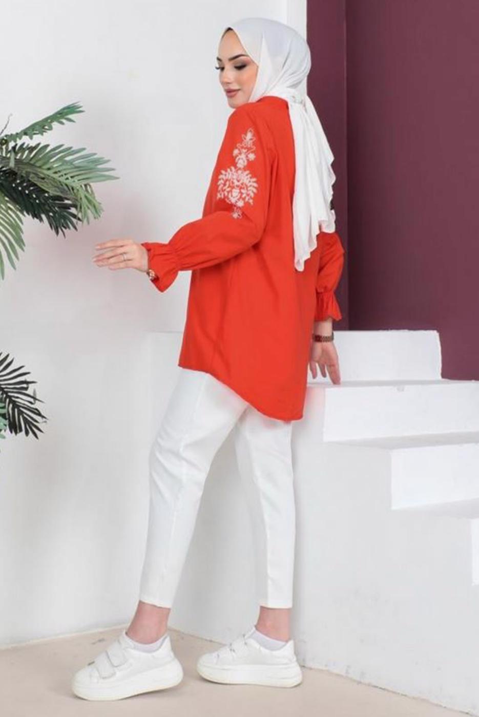 Tesettür giyim TURUNCU KOLU NAKIŞLI GÖMLEK TUNİK T 75416