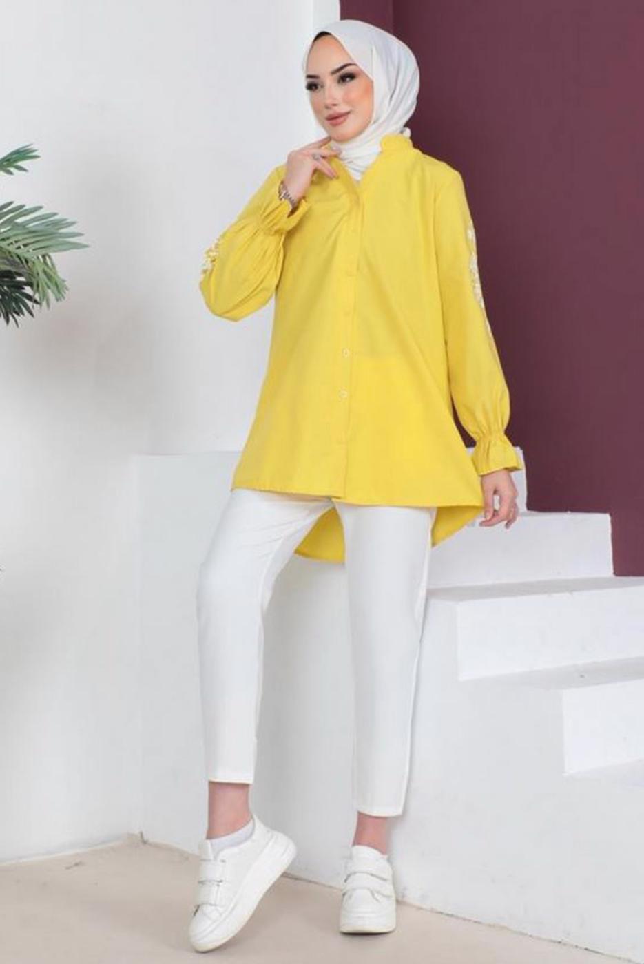 Tesettür giyim SARI KOLU NAKIŞLI GÖMLEK TUNİK T 75416