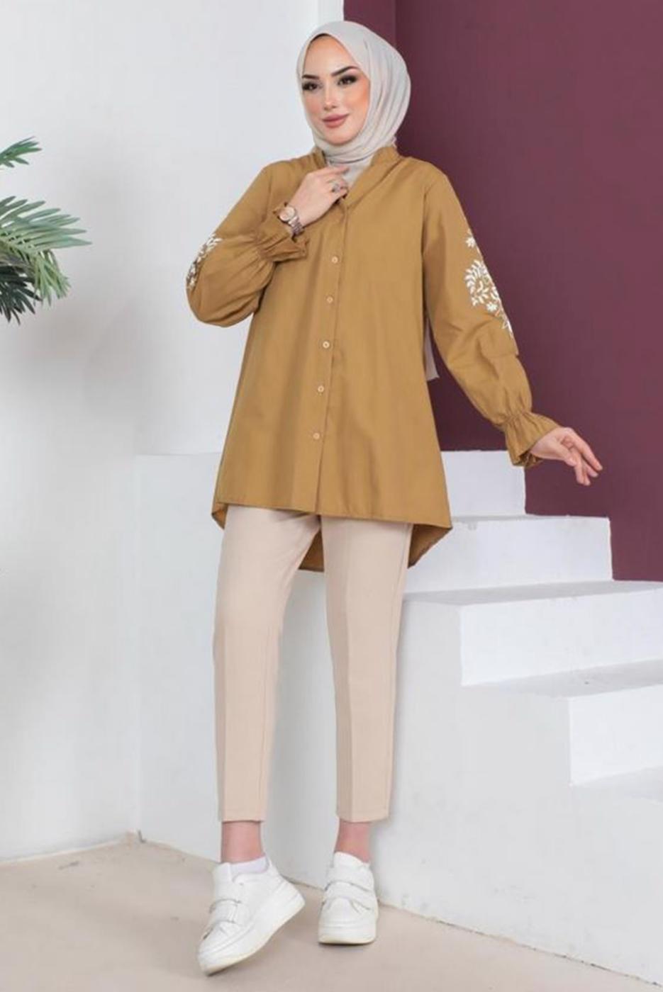 Tesettür giyim KAHVE KOLU NAKIŞLI GÖMLEK TUNİK T 75416