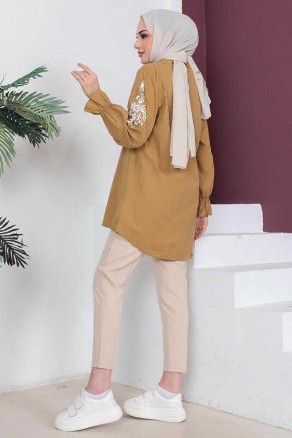 Tesettür giyim KAHVE KOLU NAKIŞLI GÖMLEK TUNİK T 75416