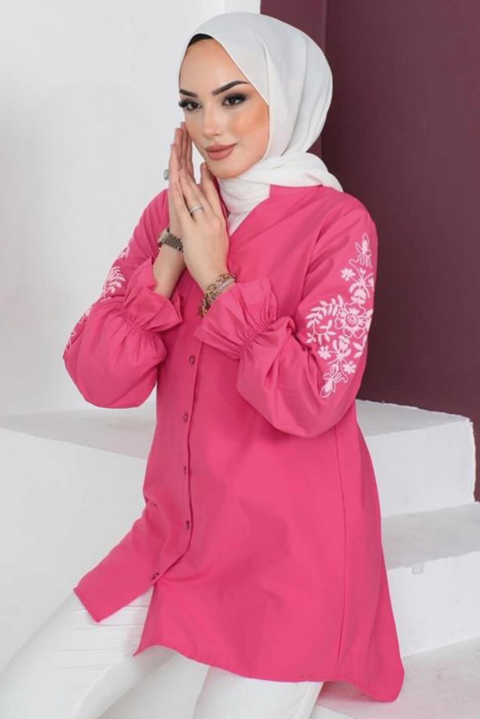 Tesettür giyim FUŞYA KOLU NAKIŞLI GÖMLEK TUNİK T 75416