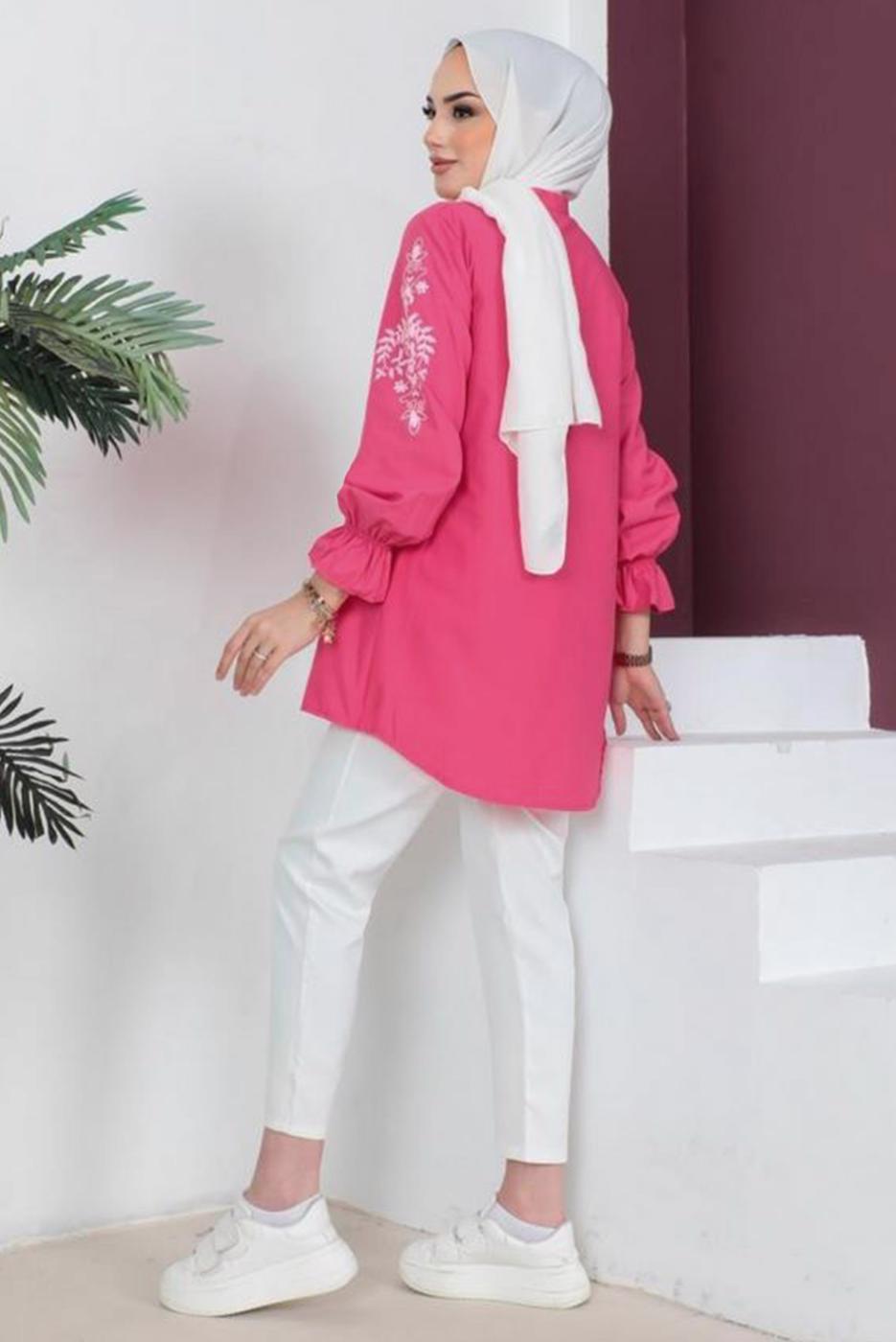 Tesettür giyim FUŞYA KOLU NAKIŞLI GÖMLEK TUNİK T 75416