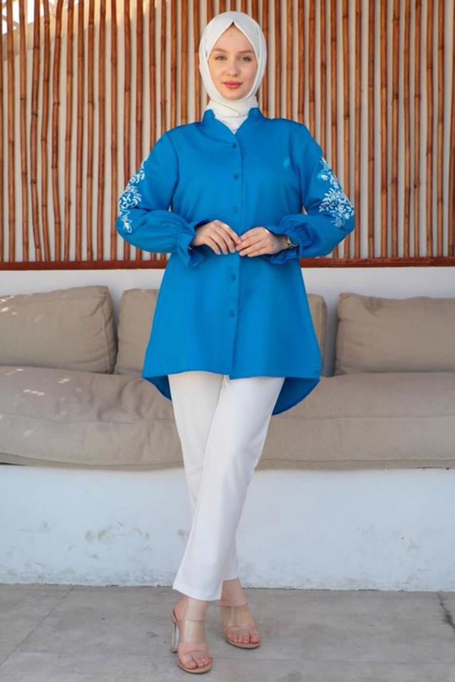 Tesettür giyim LACİVERT KOLU NAKIŞLI GÖMLEK TUNİK T 75416
