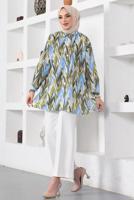 Tesettür giyim MAVİ DESENLİ YANI YIRTMAÇLI GÖMLEK TUNİK T 7888