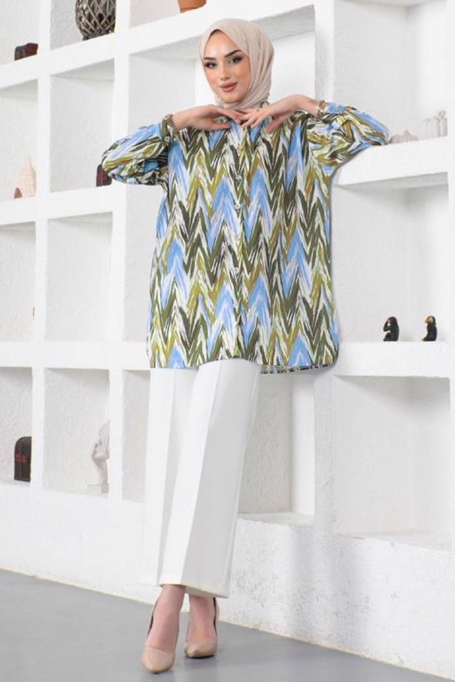 Tesettür giyim MAVİ DESENLİ YANI YIRTMAÇLI GÖMLEK TUNİK T 7888