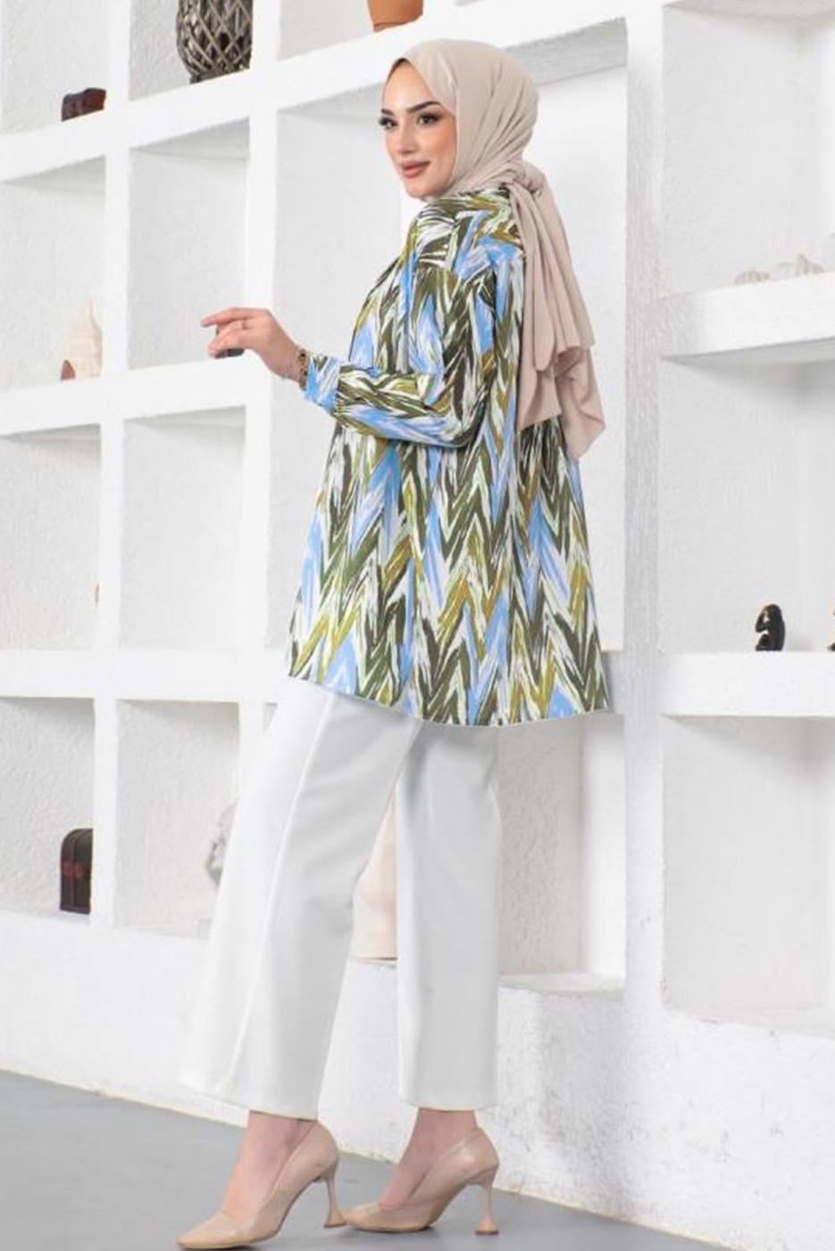 Tesettür giyim MAVİ DESENLİ YANI YIRTMAÇLI GÖMLEK TUNİK T 7888