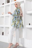 Tesettür giyim MAVİ DESENLİ YANI YIRTMAÇLI GÖMLEK TUNİK T 7888