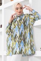 Tesettür giyim MAVİ DESENLİ YANI YIRTMAÇLI GÖMLEK TUNİK T 7888