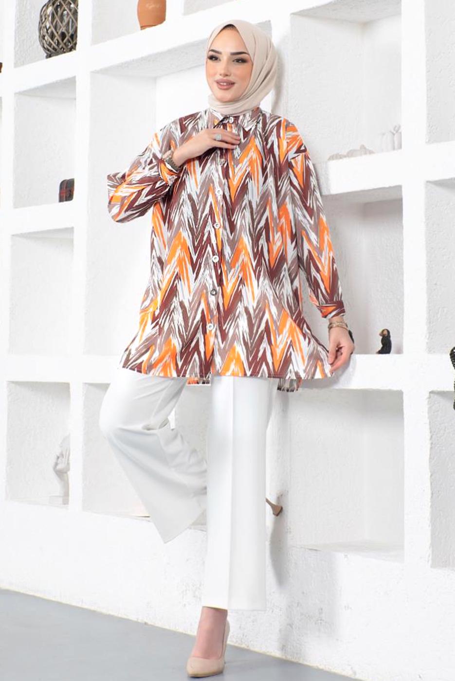 Tesettür giyim KAHVE DESENLİ YANI YIRTMAÇLI GÖMLEK TUNİK T 7888