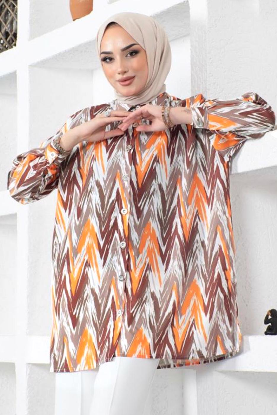 Tesettür giyim KAHVE DESENLİ YANI YIRTMAÇLI GÖMLEK TUNİK T 7888