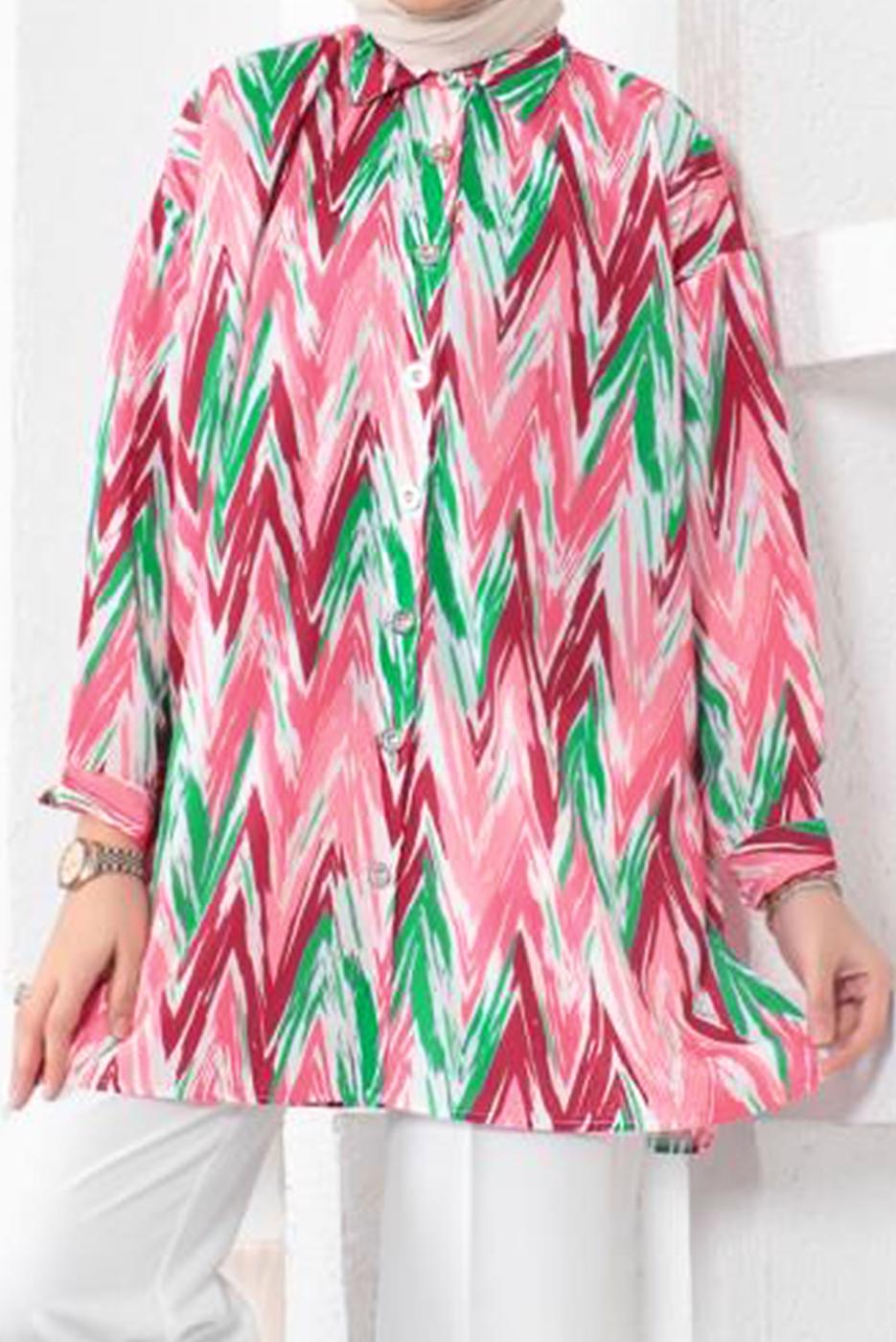 Tesettür giyim PEMBE DESENLİ YANI YIRTMAÇLI GÖMLEK TUNİK T 7888