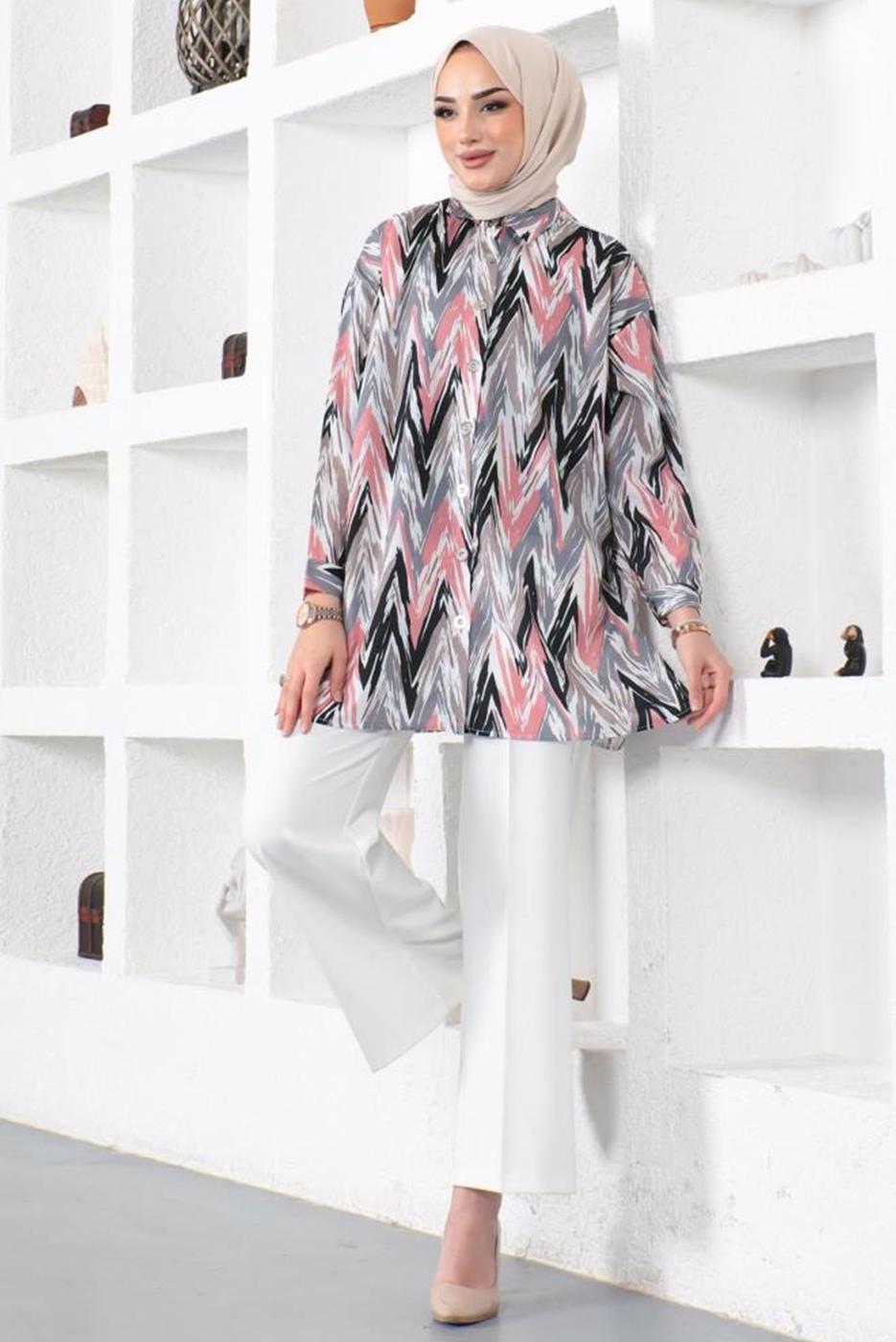 Tesettür giyim PUDRA DESENLİ YANI YIRTMAÇLI GÖMLEK TUNİK T 7888