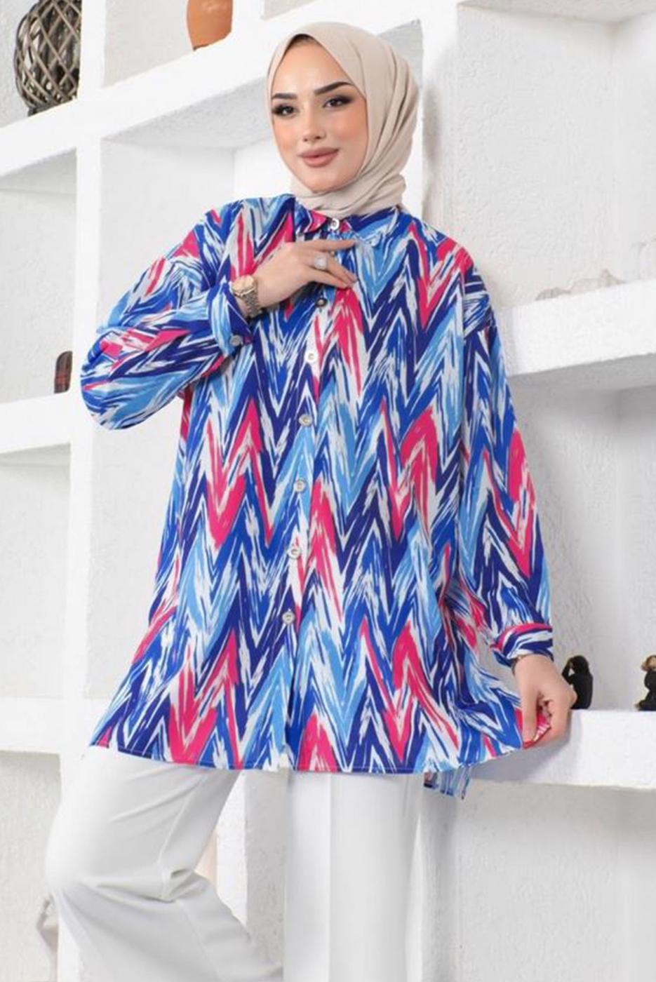 Tesettür giyim LACİVERT DESENLİ YANI YIRTMAÇLI GÖMLEK TUNİK T 7888