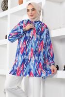 Tesettür giyim LACİVERT DESENLİ YANI YIRTMAÇLI GÖMLEK TUNİK T 7888