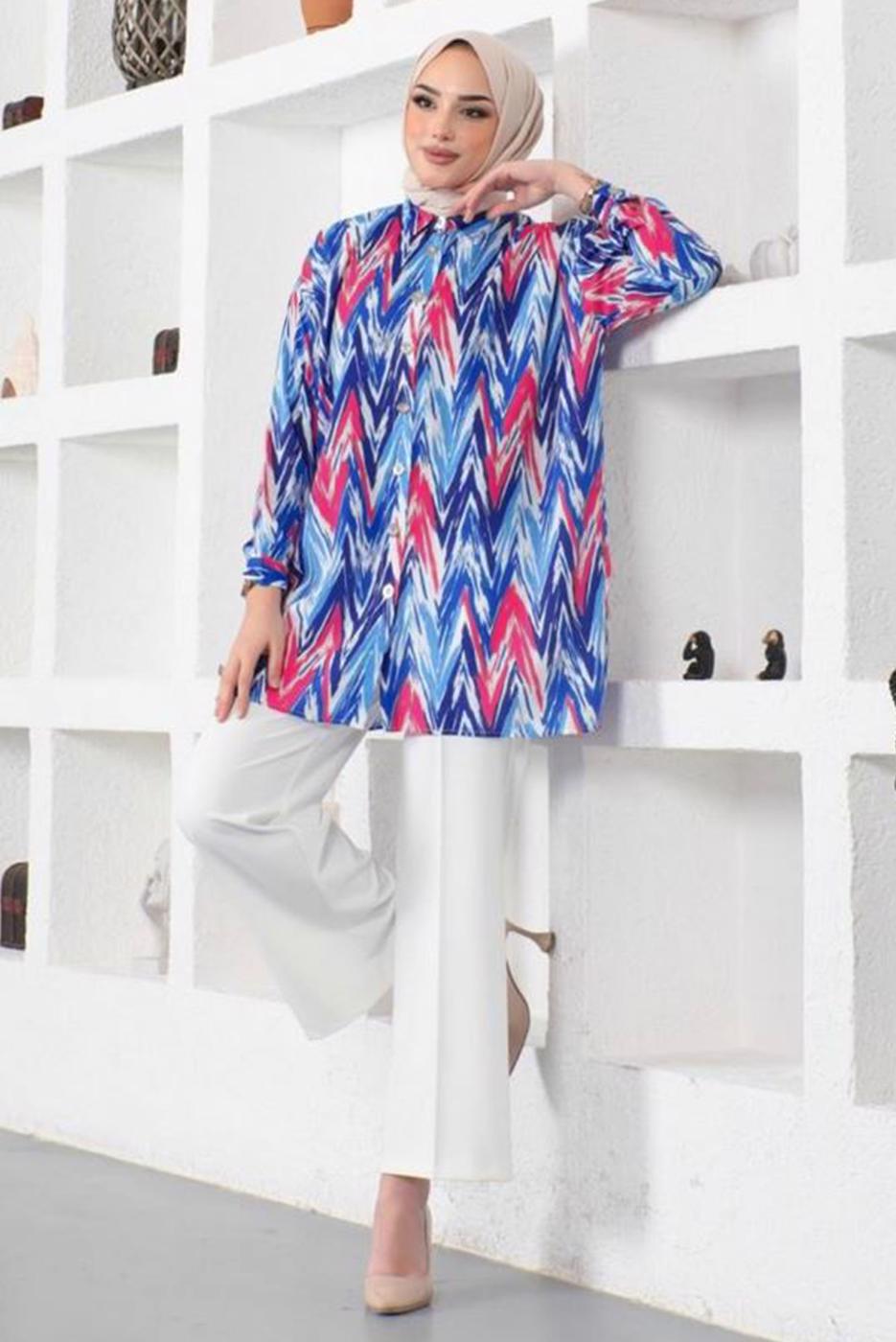 Tesettür giyim LACİVERT DESENLİ YANI YIRTMAÇLI GÖMLEK TUNİK T 7888