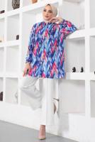 Tesettür giyim LACİVERT DESENLİ YANI YIRTMAÇLI GÖMLEK TUNİK T 7888