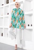 Tesettür giyim YEŞİL DESENLİ YANI YIRTMAÇLI GÖMLEK TUNİK T 7888