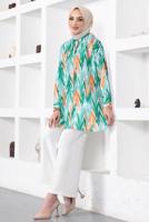 Tesettür giyim YEŞİL DESENLİ YANI YIRTMAÇLI GÖMLEK TUNİK T 7888