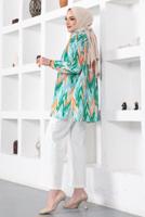 Tesettür giyim YEŞİL DESENLİ YANI YIRTMAÇLI GÖMLEK TUNİK T 7888