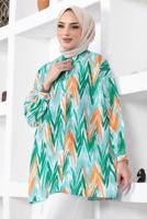 Tesettür giyim YEŞİL DESENLİ YANI YIRTMAÇLI GÖMLEK TUNİK T 7888