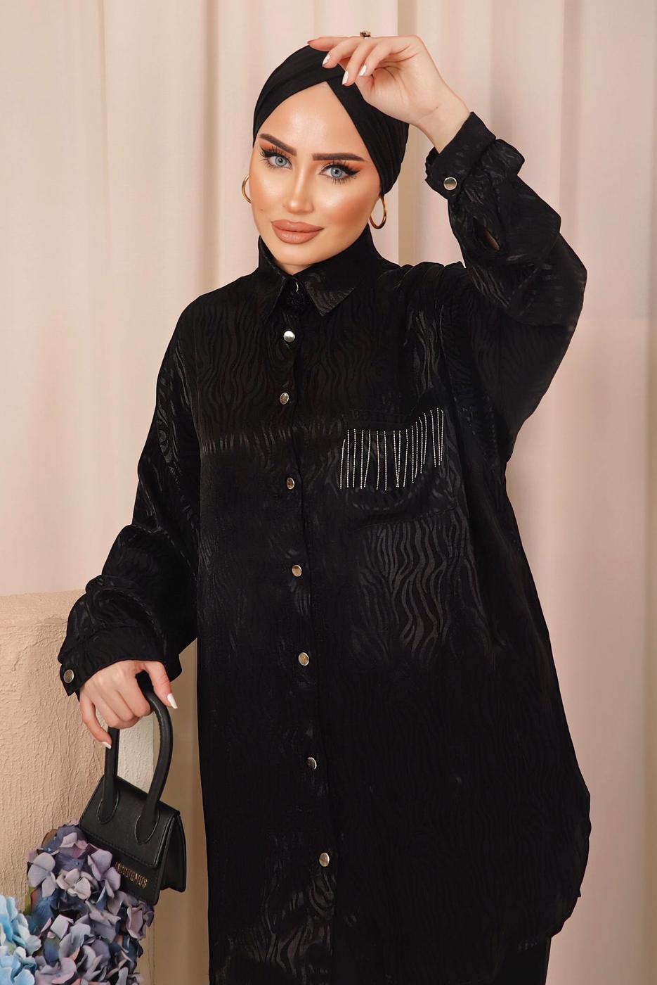 Tesettür giyim SİYAH ZEBRA DESENLİ CEP DETAYLI GÖMLEK TUNİK T 8503