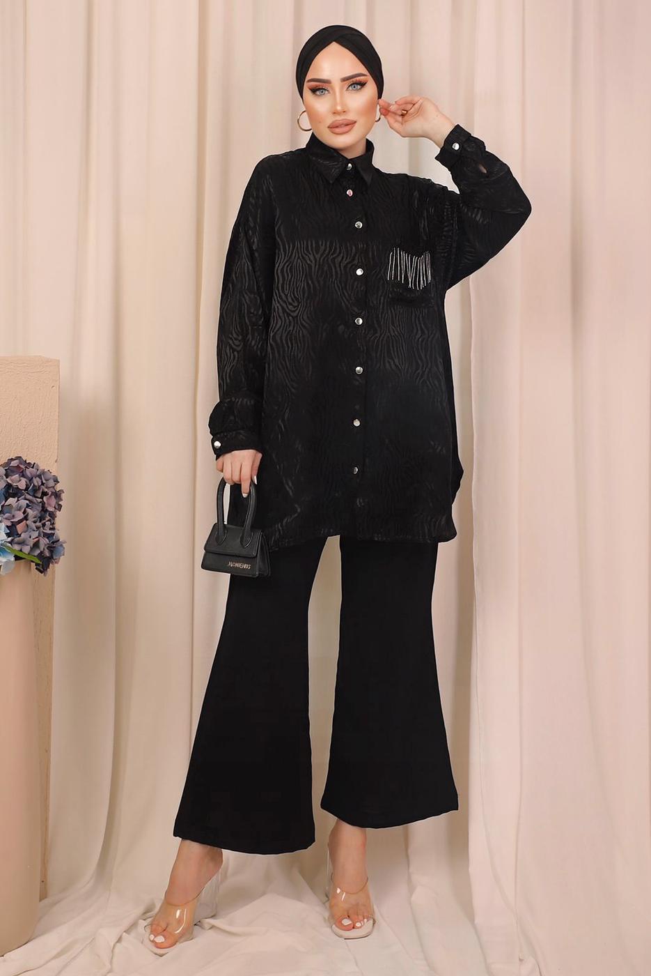 Tesettür giyim SİYAH ZEBRA DESENLİ CEP DETAYLI GÖMLEK TUNİK T 8503