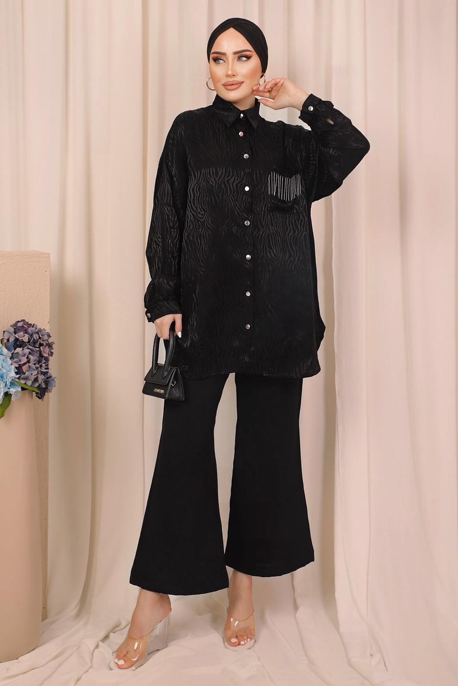 Tesettür giyim SİYAH ZEBRA DESENLİ CEP DETAYLI GÖMLEK TUNİK T 8503