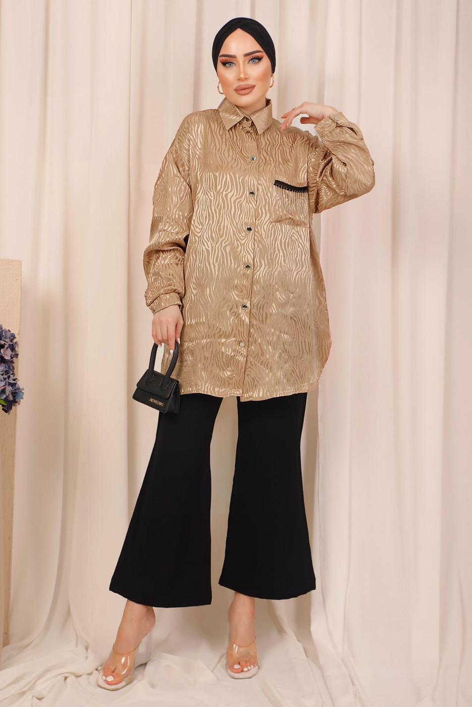 Tesettür giyim KAHVE ZEBRA DESENLİ CEP DETAYLI GÖMLEK TUNİK T 8503