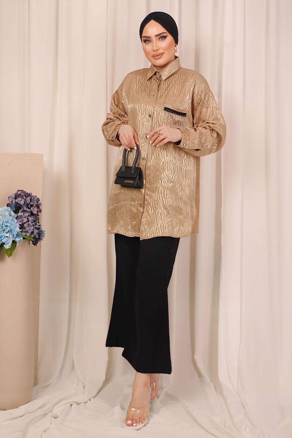 Tesettür giyim KAHVE ZEBRA DESENLİ CEP DETAYLI GÖMLEK TUNİK T 8503
