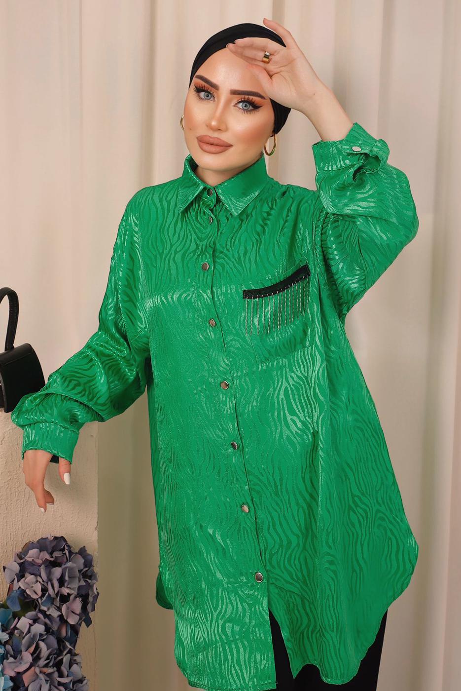 Tesettür giyim YEŞİL ZEBRA DESENLİ CEP DETAYLI GÖMLEK TUNİK T 8503