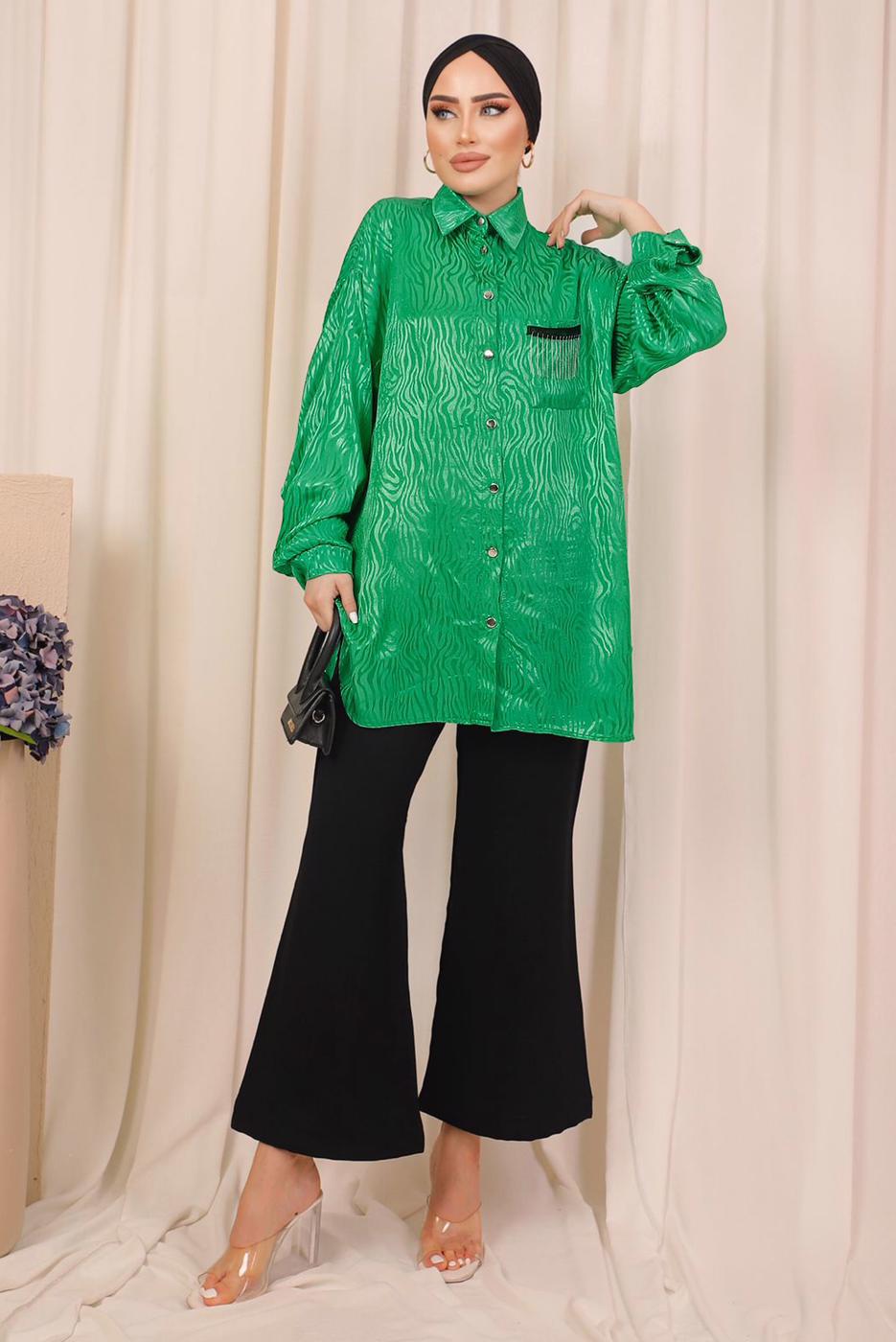 Tesettür giyim YEŞİL ZEBRA DESENLİ CEP DETAYLI GÖMLEK TUNİK T 8503