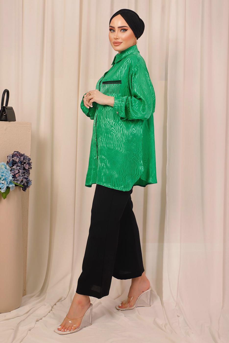 Tesettür giyim YEŞİL ZEBRA DESENLİ CEP DETAYLI GÖMLEK TUNİK T 8503