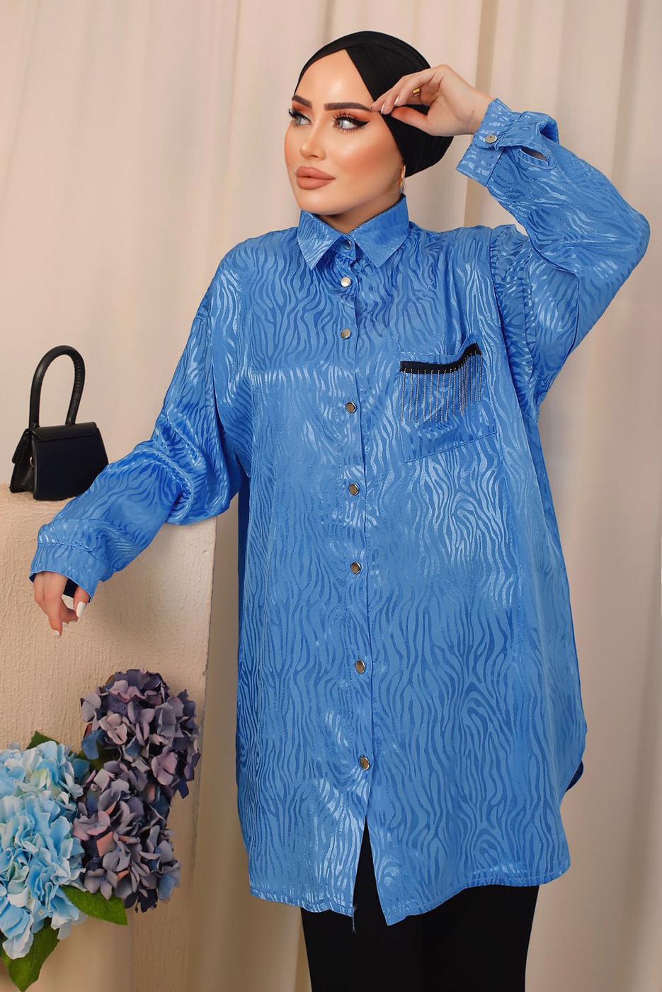 Tesettür giyim LACİVERT ZEBRA DESENLİ CEP DETAYLI GÖMLEK TUNİK T 8503