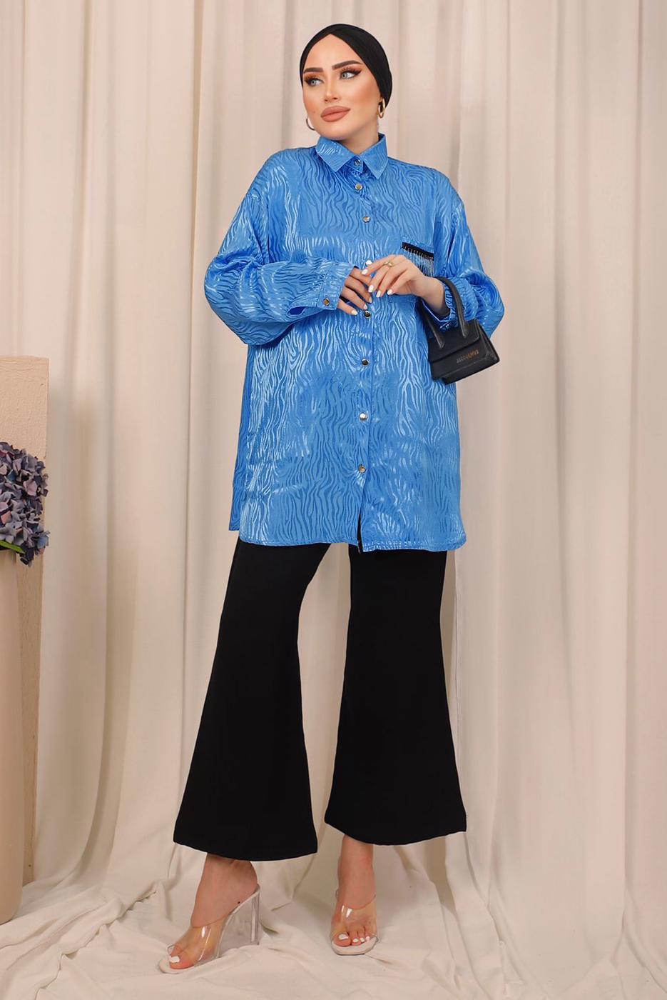 Tesettür giyim LACİVERT ZEBRA DESENLİ CEP DETAYLI GÖMLEK TUNİK T 8503