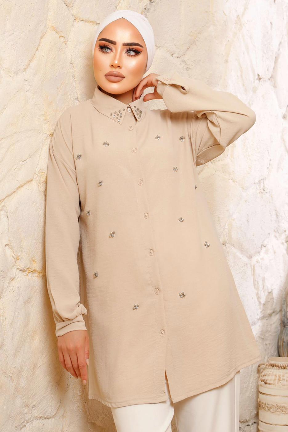 Tesettür giyim BEJ İNCİ DETAYLI AEROBİN GÖMLEK TUNİK T 8513