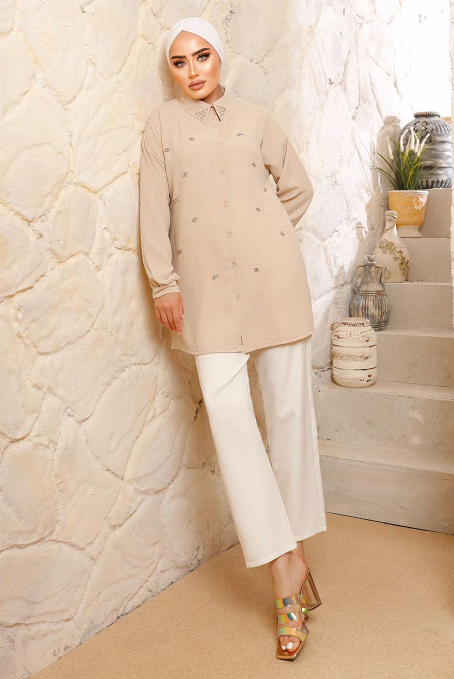 Tesettür giyim BEJ İNCİ DETAYLI AEROBİN GÖMLEK TUNİK T 8513