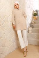 Tesettür giyim BEJ İNCİ DETAYLI AEROBİN GÖMLEK TUNİK T 8513