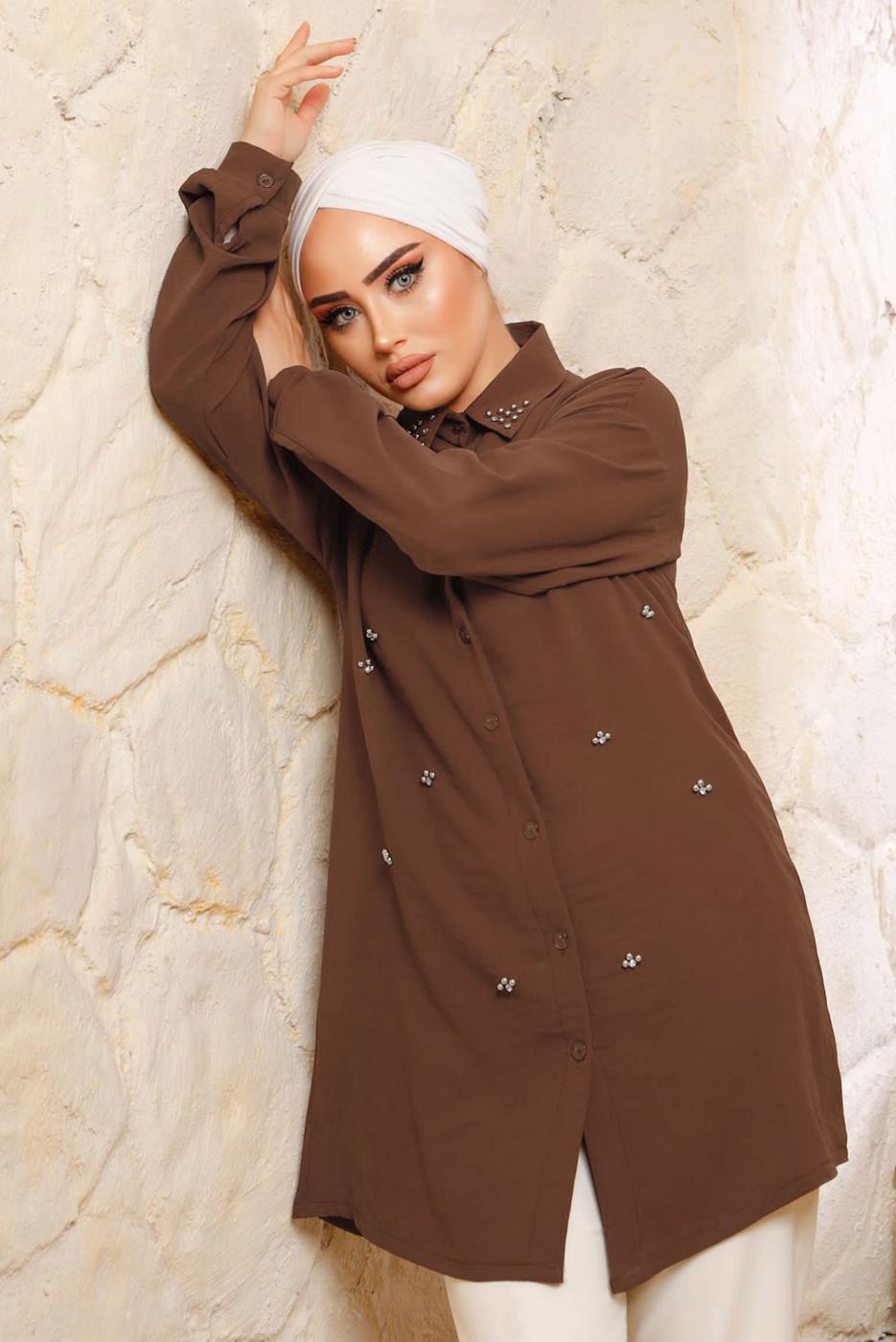 Tesettür giyim KAHVE İNCİ DETAYLI AEROBİN GÖMLEK TUNİK T 8513