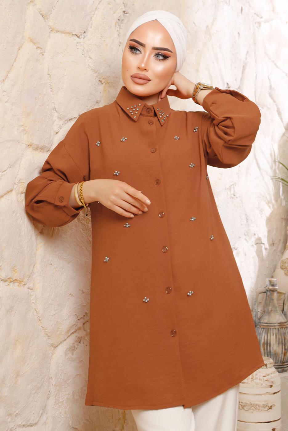 Tesettür giyim TABA İNCİ DETAYLI AEROBİN GÖMLEK TUNİK T 8513