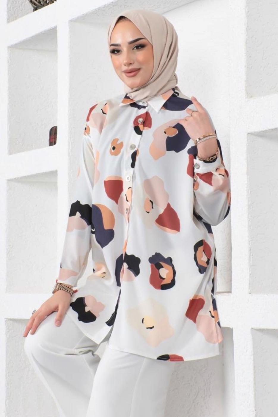Tesettür giyim KREM ÇOK RENKLİ DESENLİ GÖMLEK TUNİK T 8888