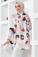 Tesettür giyim KREM ÇOK RENKLİ DESENLİ GÖMLEK TUNİK T 8888