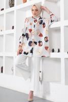 Tesettür giyim KREM ÇOK RENKLİ DESENLİ GÖMLEK TUNİK T 8888